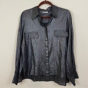 Hana San Metallic Black Utility Long Sleeve Button Down‎ Shirt Size 38/M